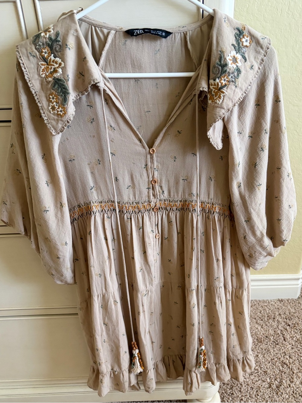 ZARA Beige Floral-Print Peasant Dress